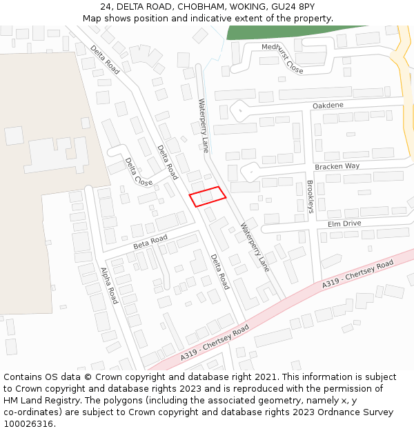 24, DELTA ROAD, CHOBHAM, WOKING, GU24 8PY: Location map and indicative extent of plot