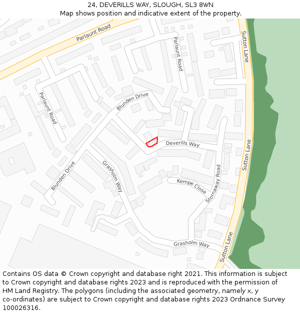 24, DEVERILLS WAY, SLOUGH, SL3 8WN: Location map and indicative extent of plot