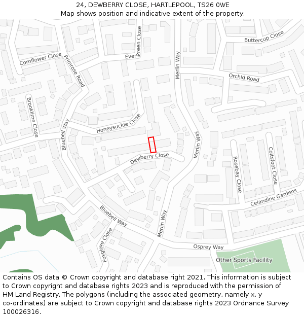 24, DEWBERRY CLOSE, HARTLEPOOL, TS26 0WE: Location map and indicative extent of plot