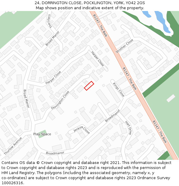 24, DORRINGTON CLOSE, POCKLINGTON, YORK, YO42 2GS: Location map and indicative extent of plot