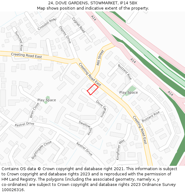 24, DOVE GARDENS, STOWMARKET, IP14 5BX: Location map and indicative extent of plot