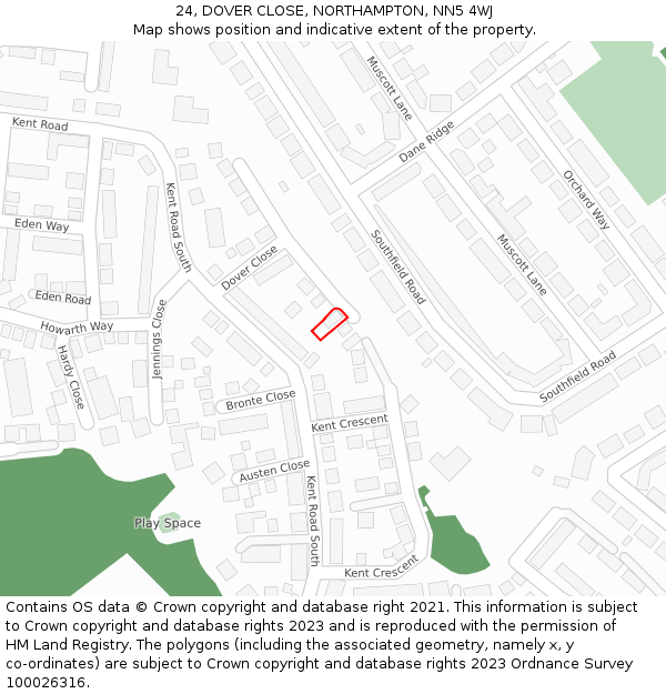 24, DOVER CLOSE, NORTHAMPTON, NN5 4WJ: Location map and indicative extent of plot