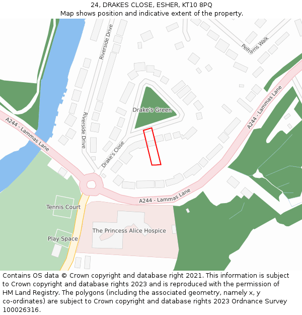 24, DRAKES CLOSE, ESHER, KT10 8PQ: Location map and indicative extent of plot