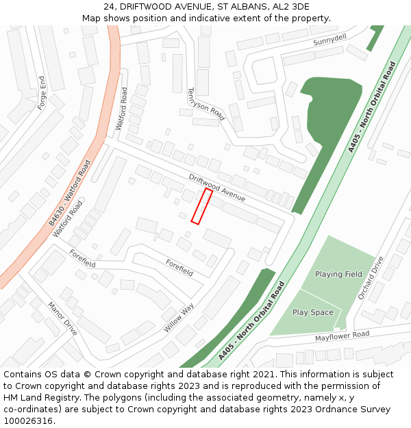 24, DRIFTWOOD AVENUE, ST ALBANS, AL2 3DE: Location map and indicative extent of plot