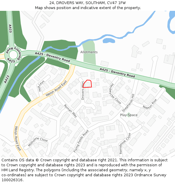 24, DROVERS WAY, SOUTHAM, CV47 1FW: Location map and indicative extent of plot