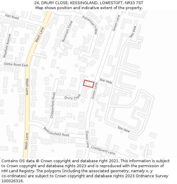 24, DRURY CLOSE, KESSINGLAND, LOWESTOFT, NR33 7ST: Location map and indicative extent of plot