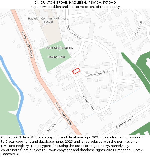 24, DUNTON GROVE, HADLEIGH, IPSWICH, IP7 5HD: Location map and indicative extent of plot