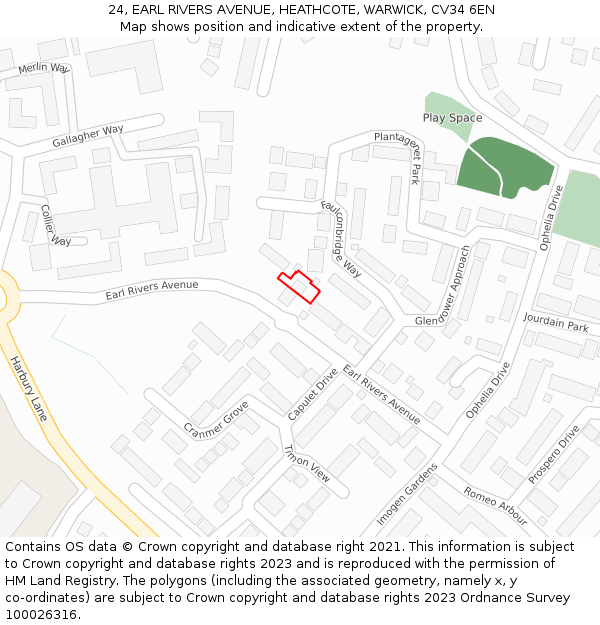 24, EARL RIVERS AVENUE, HEATHCOTE, WARWICK, CV34 6EN: Location map and indicative extent of plot