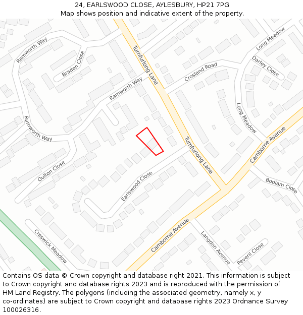 24, EARLSWOOD CLOSE, AYLESBURY, HP21 7PG: Location map and indicative extent of plot
