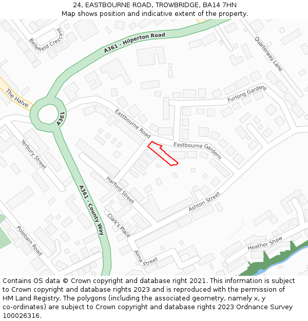 24, EASTBOURNE ROAD, TROWBRIDGE, BA14 7HN: Location map and indicative extent of plot