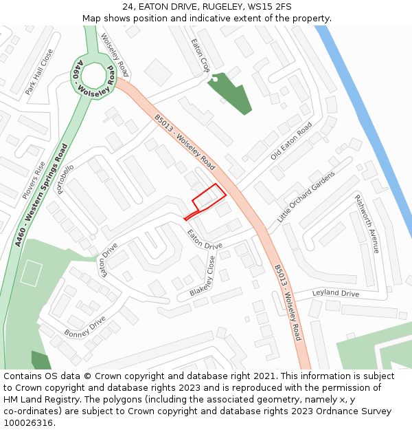 24, EATON DRIVE, RUGELEY, WS15 2FS: Location map and indicative extent of plot