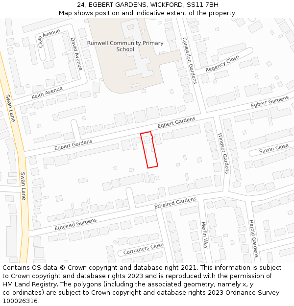 24, EGBERT GARDENS, WICKFORD, SS11 7BH: Location map and indicative extent of plot