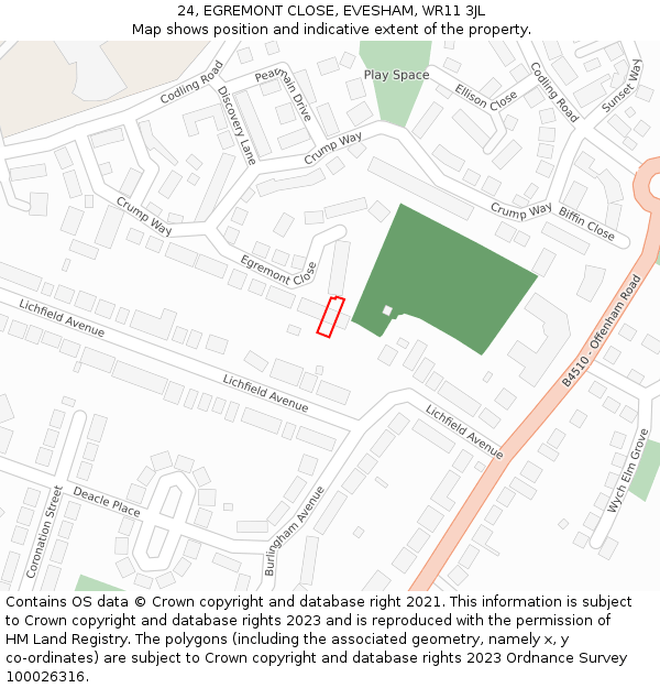 24, EGREMONT CLOSE, EVESHAM, WR11 3JL: Location map and indicative extent of plot