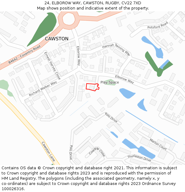 24, ELBOROW WAY, CAWSTON, RUGBY, CV22 7XD: Location map and indicative extent of plot