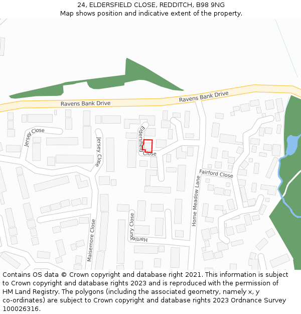 24, ELDERSFIELD CLOSE, REDDITCH, B98 9NG: Location map and indicative extent of plot