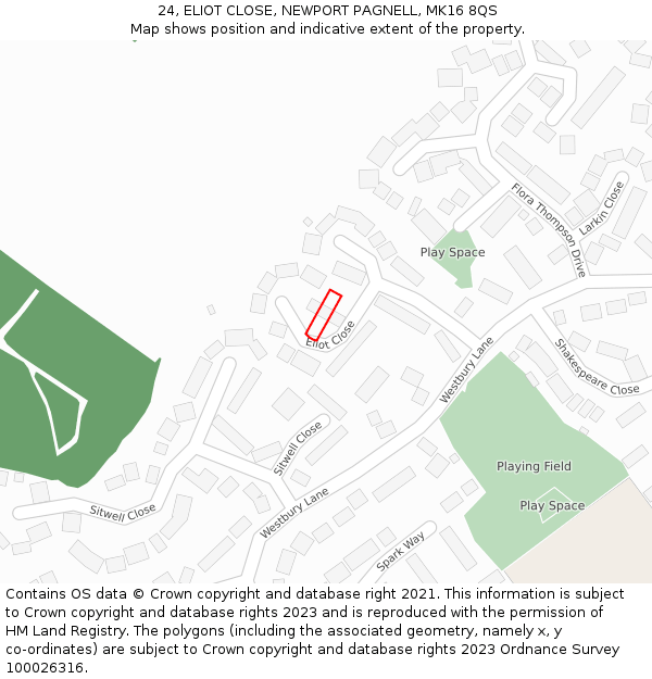 24, ELIOT CLOSE, NEWPORT PAGNELL, MK16 8QS: Location map and indicative extent of plot