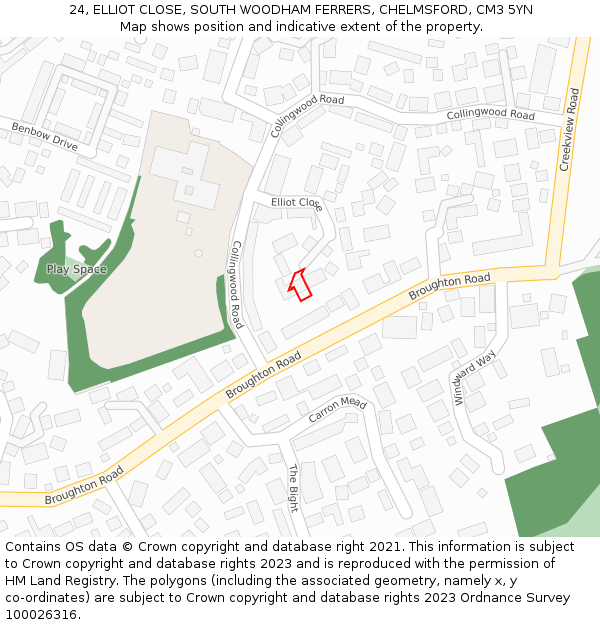 24, ELLIOT CLOSE, SOUTH WOODHAM FERRERS, CHELMSFORD, CM3 5YN: Location map and indicative extent of plot