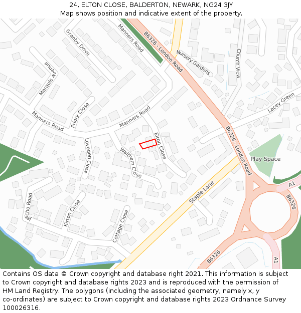 24, ELTON CLOSE, BALDERTON, NEWARK, NG24 3JY: Location map and indicative extent of plot