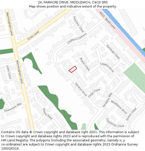 24, FAIRACRE DRIVE, MIDDLEWICH, CW10 0RS: Location map and indicative extent of plot