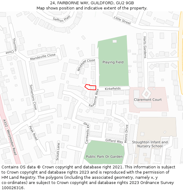 24, FAIRBORNE WAY, GUILDFORD, GU2 9GB: Location map and indicative extent of plot