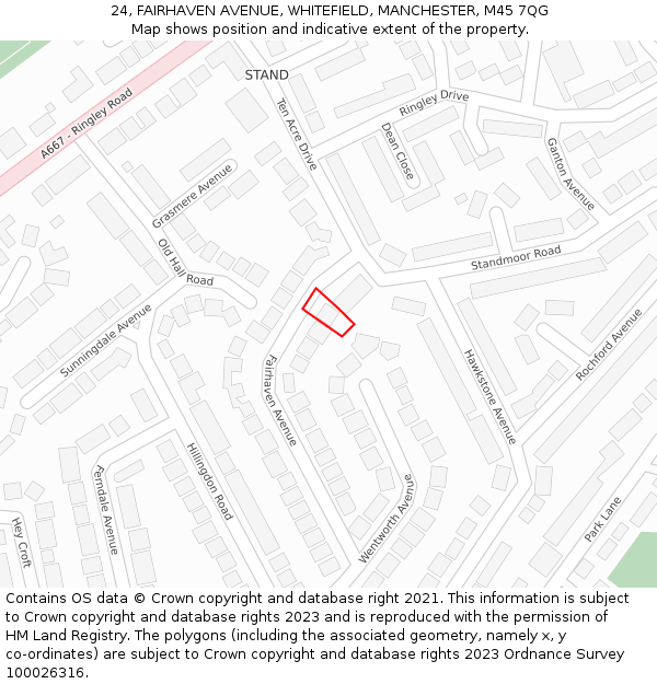 24, FAIRHAVEN AVENUE, WHITEFIELD, MANCHESTER, M45 7QG: Location map and indicative extent of plot