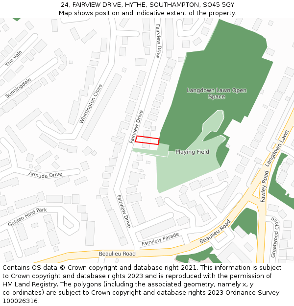 24, FAIRVIEW DRIVE, HYTHE, SOUTHAMPTON, SO45 5GY: Location map and indicative extent of plot