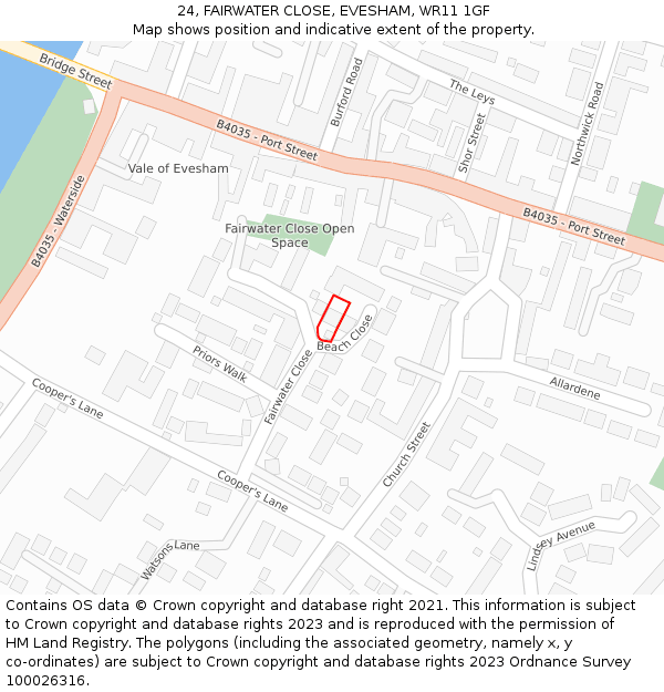 24, FAIRWATER CLOSE, EVESHAM, WR11 1GF: Location map and indicative extent of plot