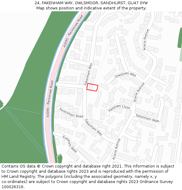 24, FAKENHAM WAY, OWLSMOOR, SANDHURST, GU47 0YW: Location map and indicative extent of plot