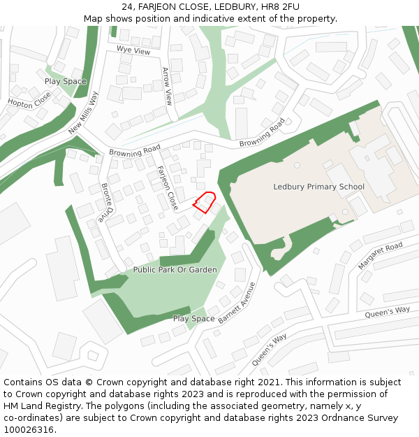 24, FARJEON CLOSE, LEDBURY, HR8 2FU: Location map and indicative extent of plot