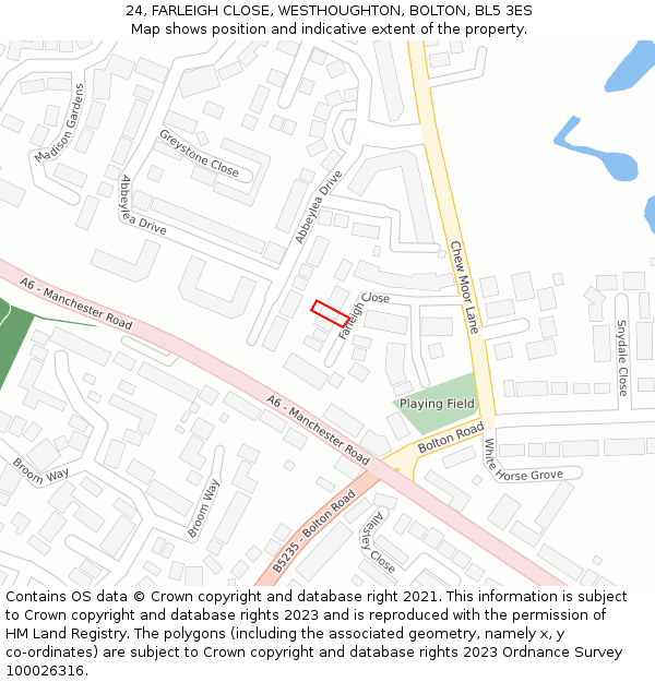 24, FARLEIGH CLOSE, WESTHOUGHTON, BOLTON, BL5 3ES: Location map and indicative extent of plot