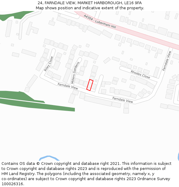 24, FARNDALE VIEW, MARKET HARBOROUGH, LE16 9FA: Location map and indicative extent of plot