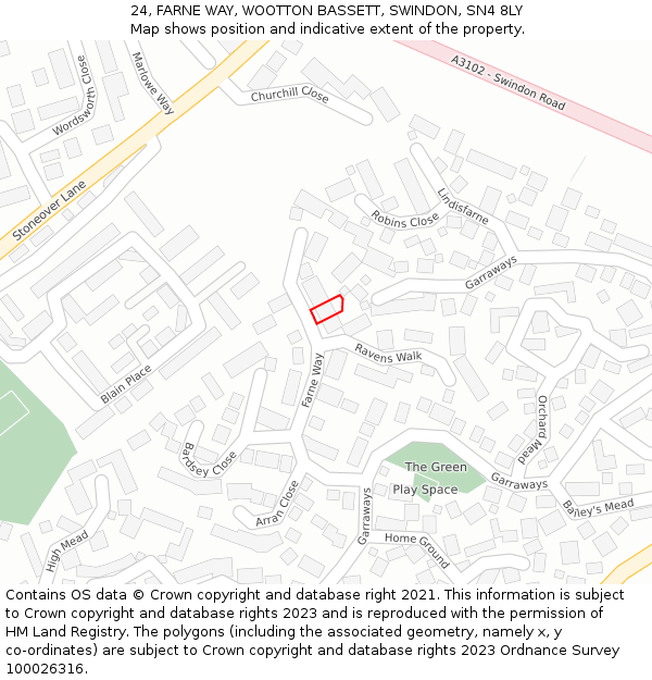 24, FARNE WAY, WOOTTON BASSETT, SWINDON, SN4 8LY: Location map and indicative extent of plot