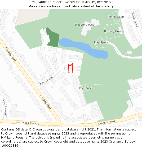24, FARRIERS CLOSE, WOODLEY, READING, RG5 3DD: Location map and indicative extent of plot