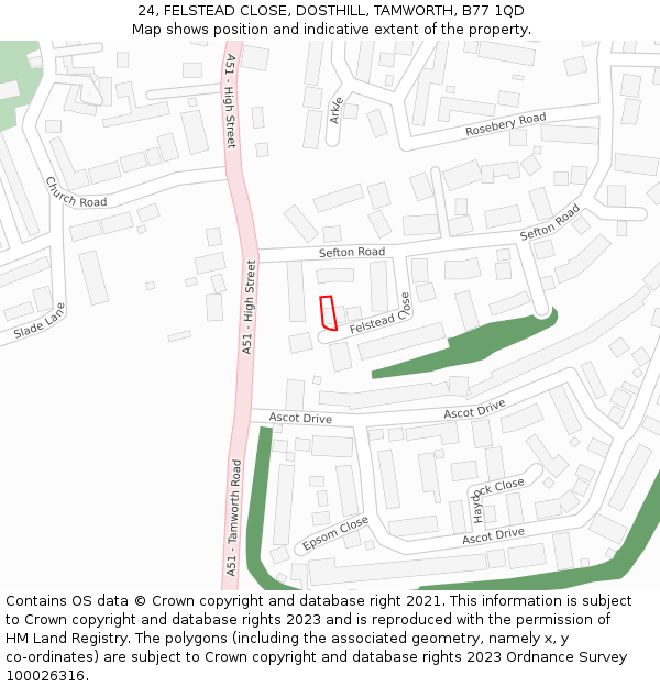 24, FELSTEAD CLOSE, DOSTHILL, TAMWORTH, B77 1QD: Location map and indicative extent of plot