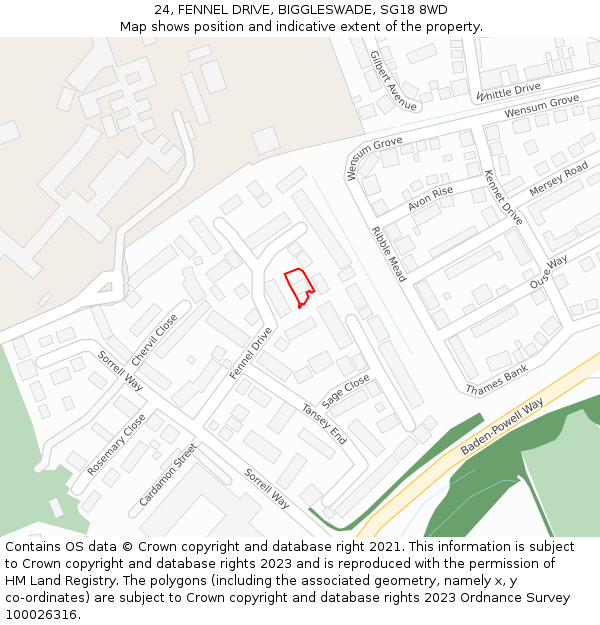 24, FENNEL DRIVE, BIGGLESWADE, SG18 8WD: Location map and indicative extent of plot