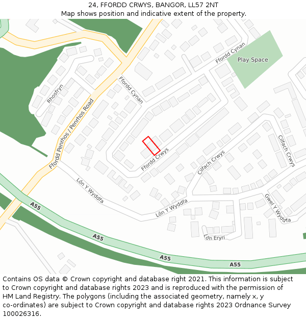 24, FFORDD CRWYS, BANGOR, LL57 2NT: Location map and indicative extent of plot