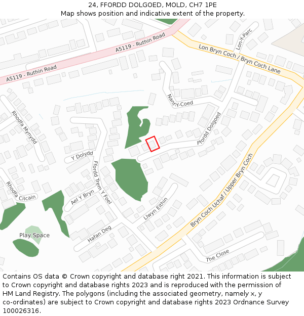 24, FFORDD DOLGOED, MOLD, CH7 1PE: Location map and indicative extent of plot