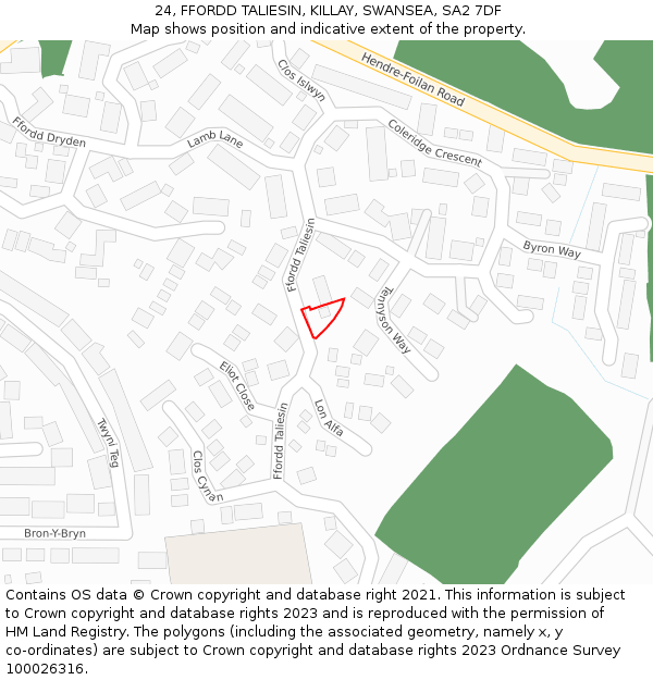 24, FFORDD TALIESIN, KILLAY, SWANSEA, SA2 7DF: Location map and indicative extent of plot