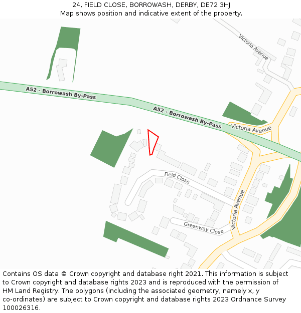 24, FIELD CLOSE, BORROWASH, DERBY, DE72 3HJ: Location map and indicative extent of plot