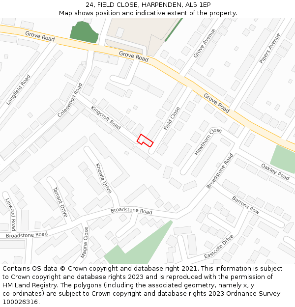 24, FIELD CLOSE, HARPENDEN, AL5 1EP: Location map and indicative extent of plot
