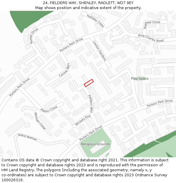 24, FIELDERS WAY, SHENLEY, RADLETT, WD7 9EY: Location map and indicative extent of plot