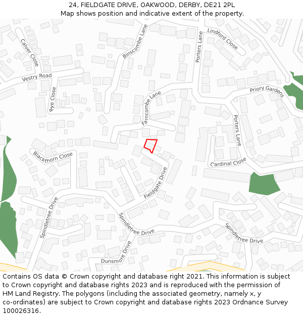 24, FIELDGATE DRIVE, OAKWOOD, DERBY, DE21 2PL: Location map and indicative extent of plot