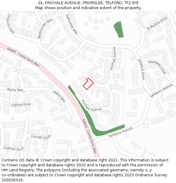 24, FINCHALE AVENUE, PRIORSLEE, TELFORD, TF2 9YE: Location map and indicative extent of plot