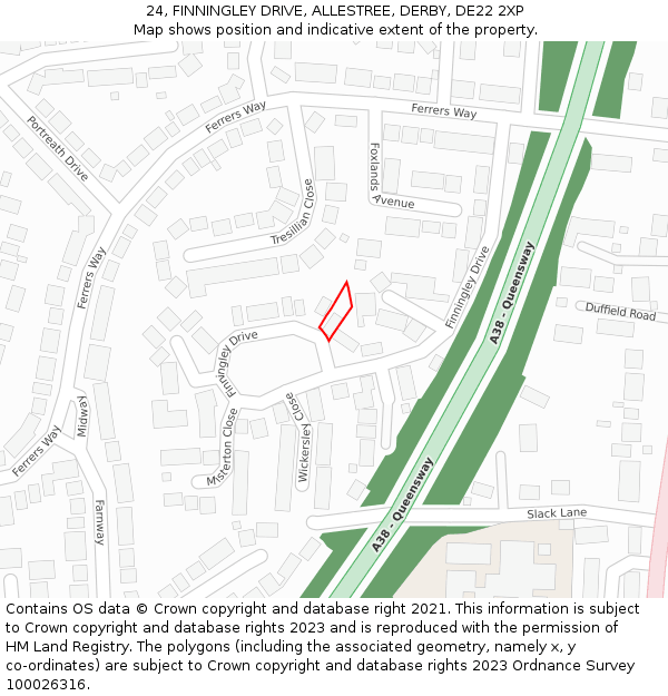 24, FINNINGLEY DRIVE, ALLESTREE, DERBY, DE22 2XP: Location map and indicative extent of plot