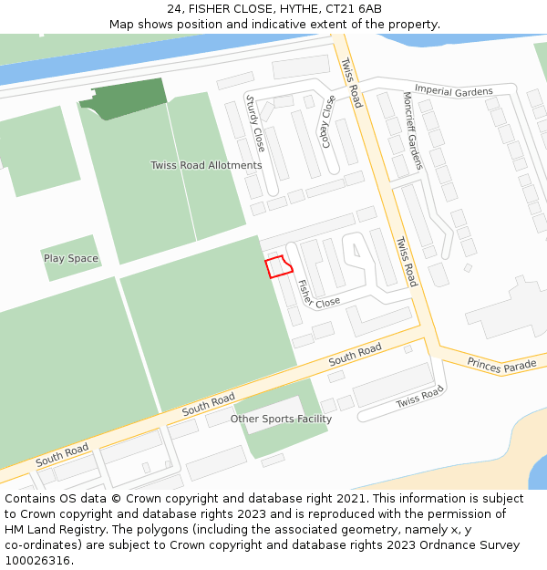 24, FISHER CLOSE, HYTHE, CT21 6AB: Location map and indicative extent of plot