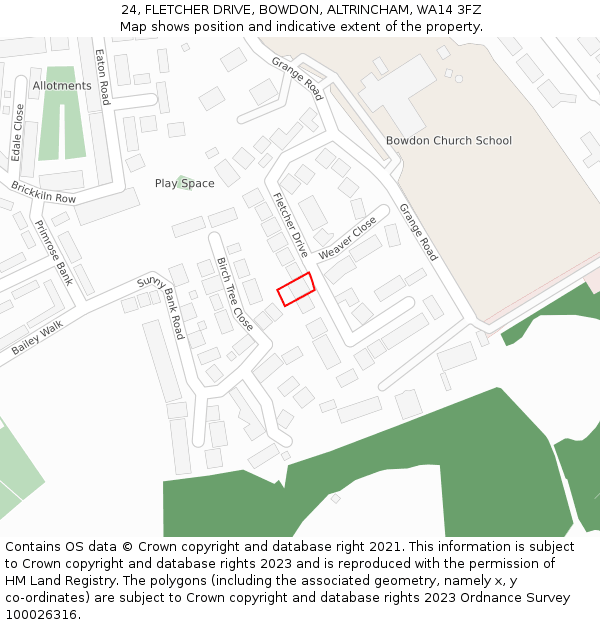 24, FLETCHER DRIVE, BOWDON, ALTRINCHAM, WA14 3FZ: Location map and indicative extent of plot