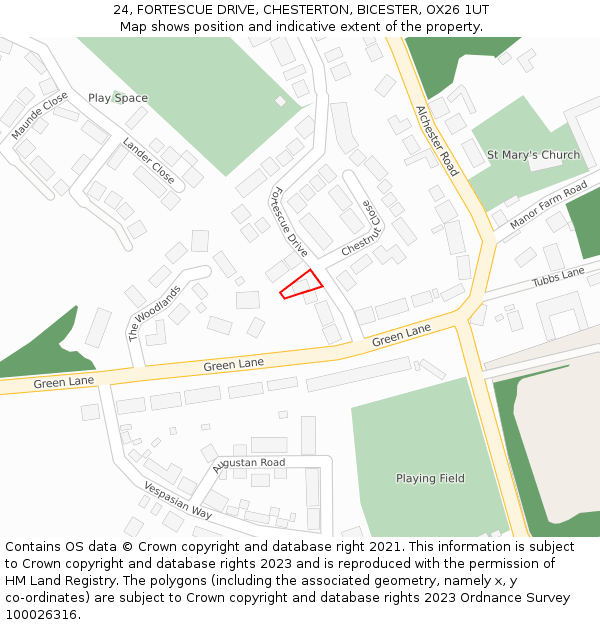 24, FORTESCUE DRIVE, CHESTERTON, BICESTER, OX26 1UT: Location map and indicative extent of plot