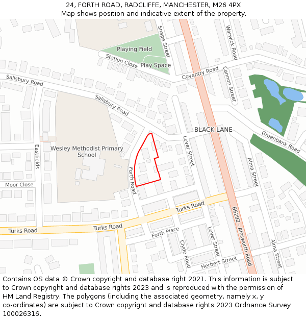 24, FORTH ROAD, RADCLIFFE, MANCHESTER, M26 4PX: Location map and indicative extent of plot