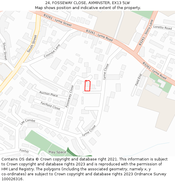 24, FOSSEWAY CLOSE, AXMINSTER, EX13 5LW: Location map and indicative extent of plot