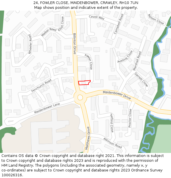 24, FOWLER CLOSE, MAIDENBOWER, CRAWLEY, RH10 7UN: Location map and indicative extent of plot